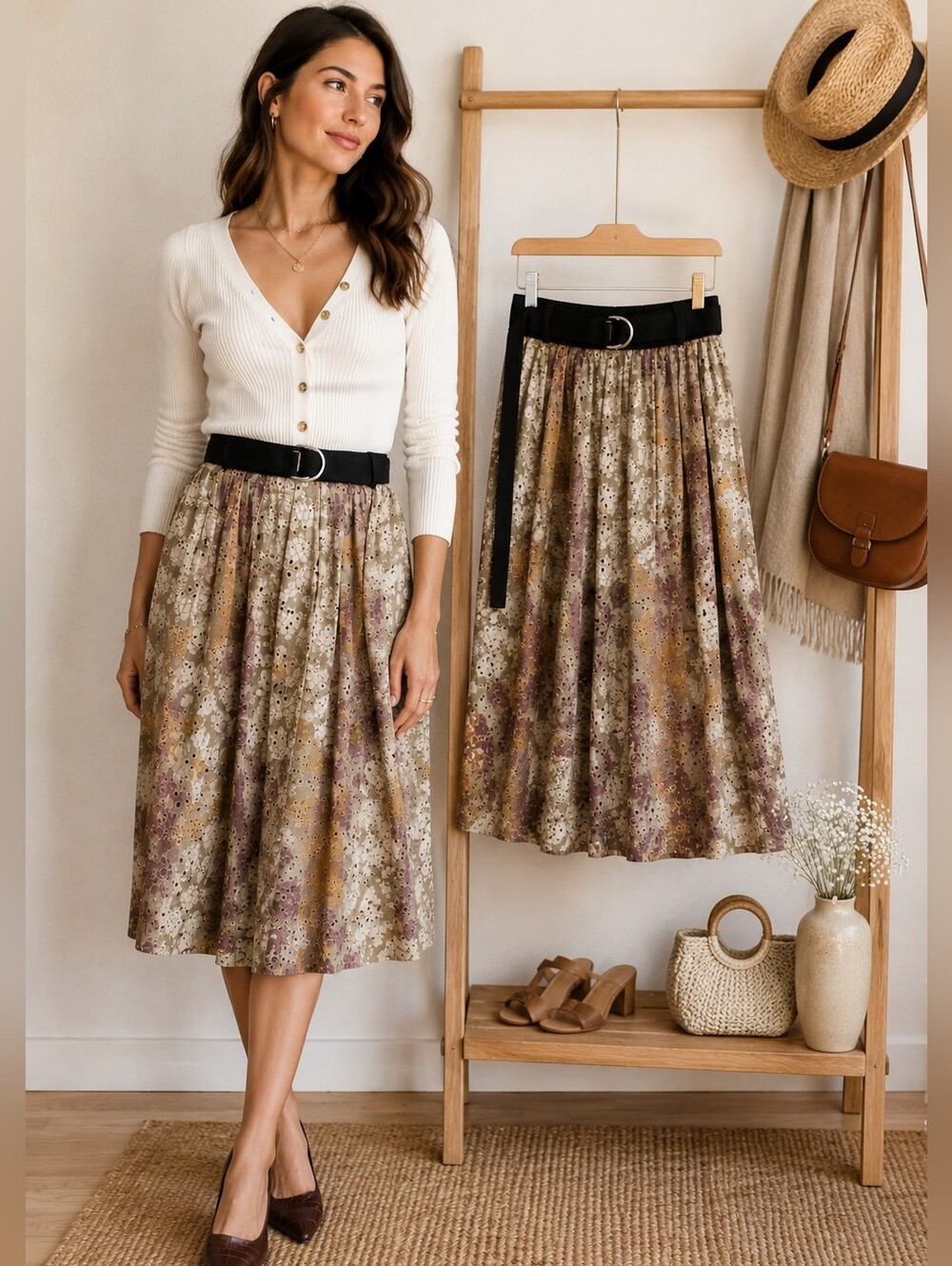 NWT Cottagecore Eyelet Floral Midi Skirt 100% Cotton Full A-Line Boho Romantic 4
